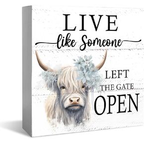 Inspirational Desk highland cow Decor Wooden Box Sign, Live Like Someone Cow Rustic Wood Block Plaque Box Sign for Home Farmhouse Girls Room Shelf Table Decor 5x5 Inch