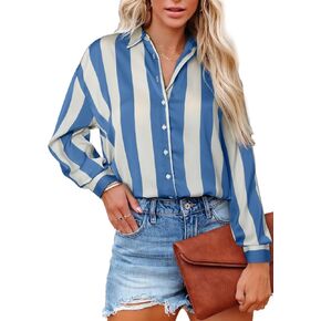 Astylish Women Button-Down Shirts V-Neck Elegant Blouse Long Sleeve Basic Top