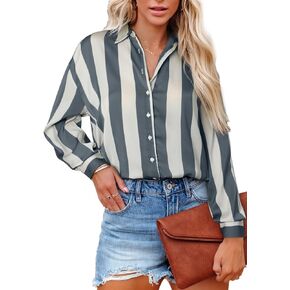 Astylish Women Button-Down Shirts V-Neck Elegant Blouse Long Sleeve Basic Top