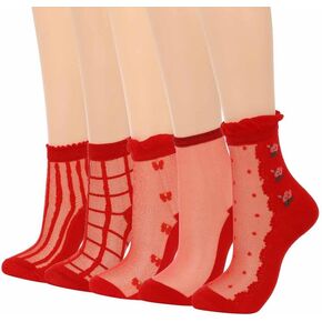 Campsis Sheer Socks Red Sheer Ankle Socks Fashion Nylon Socks for Women See Through Socks for Summer and Daily(5 Pairs)