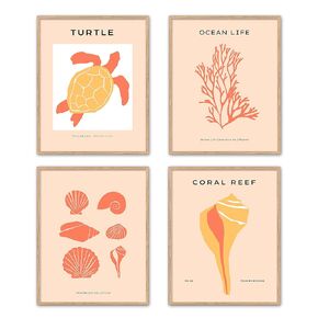Coral Reef Ocean Life Modern Contemporary Art Prints, Set of 4, Unframed, Conk Shell, Sea Turtle, Ocean Nautical PeachNature Wall Decor Poster, 8x10 Inches