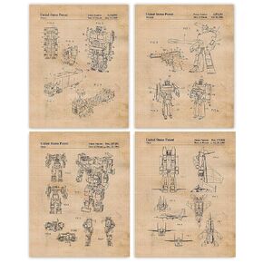 Vintage Transformers Patent Prints, 4 (8x10) Unframed Photos, Wall Art Decor Gifts for Home Office Man Cave Tech Garage Shop Robotics School College Student Teacher Comic-Con Toys Robot Alien Planets