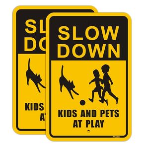Slow Kids and Pets at Play Signs Children Playing Signs Metal Reflective 12" x 18" Slow Down Signs For Neighborhoods Rust Free Aluminum Easy Mounting Outdoor Use Waterproof Sturdy 4 Pack