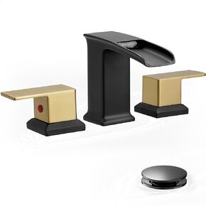 Brass Bathroom Faucets Waterfall 4-16 Inch Black and Gold Bathroom Faucet, Widespread 2 Handles Faucet Bathroom Sink 3 Hole with Hoses & Drain