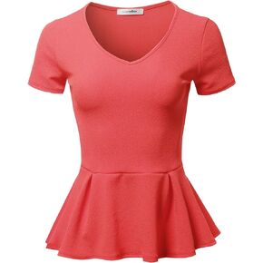 SSOULM Women's Classic Stretchy Short Sleeve Flare Peplum Blouse Top with Plus Size