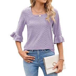 Poetsky Women's Casual 3/4 Sleeve Eyelet Tops Dressy Square Neck T Shirts Loose Fit Ruffle Tunic Blouses