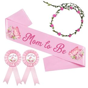 Butterfly Theme Mom to Be Sash Baby Shower Dad to Be Pin and Pink Flower Crown Headband for Gender Reveals Party Baby Shower Party Favors Decorations for Girls Pregnancy Photo, Mom to Be Sash.