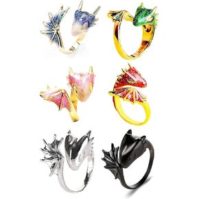 XHBTS 6 Pcs Shiny Enamel Dragon Ring Adjustable Finger Rings Handmade Punk Jewelry Gothic Jewelry Gift, red