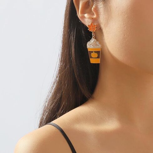 Water Cup Pumpkin Maple Leaf Dangle Earrings for Women Girls Gold Plated Enamel Ice Cream Drop Dangling Stud Earring Fashion Thanksgiving Day Halloween Wedding Birthday Christmas Jewelry Gifts in Saudi Arabia