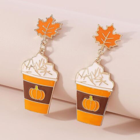 Water Cup Pumpkin Maple Leaf Dangle Earrings for Women Girls Gold Plated Enamel Ice Cream Drop Dangling Stud Earring Fashion Thanksgiving Day Halloween Wedding Birthday Christmas Jewelry Gifts in Saudi Arabia