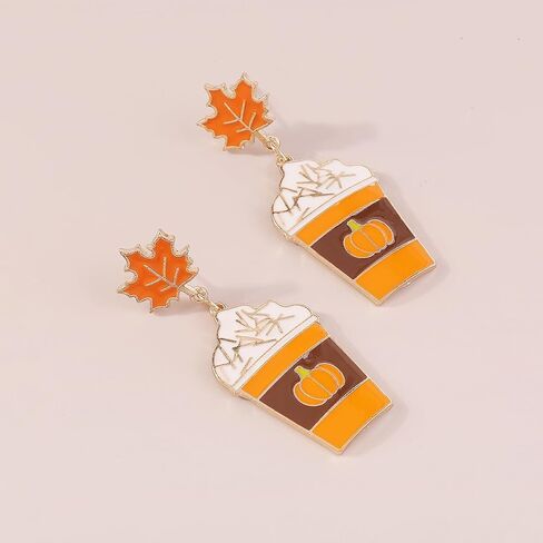Water Cup Pumpkin Maple Leaf Dangle Earrings for Women Girls Gold Plated Enamel Ice Cream Drop Dangling Stud Earring Fashion Thanksgiving Day Halloween Wedding Birthday Christmas Jewelry Gifts in Saudi Arabia