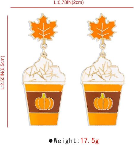 Water Cup Pumpkin Maple Leaf Dangle Earrings for Women Girls Gold Plated Enamel Ice Cream Drop Dangling Stud Earring Fashion Thanksgiving Day Halloween Wedding Birthday Christmas Jewelry Gifts in Saudi Arabia