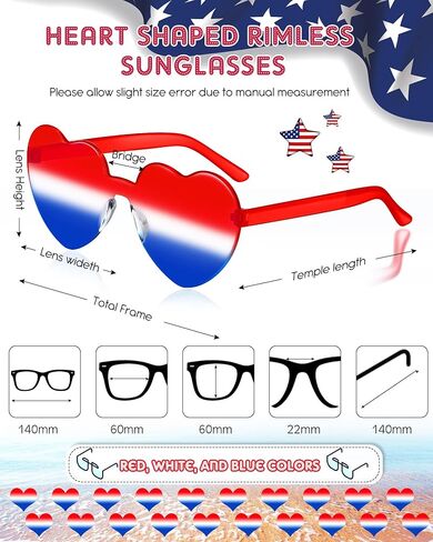 20 Pairs Heart Shaped Rimless Sunglasses Independence Day Party Sunglasses Memorial Day 4th of July Personality Sunglasses Red White Blue Eyewear Cute Candy Color Frameless Glasses for Women Men in Saudi Arabia