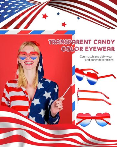 20 Pairs Heart Shaped Rimless Sunglasses Independence Day Party Sunglasses Memorial Day 4th of July Personality Sunglasses Red White Blue Eyewear Cute Candy Color Frameless Glasses for Women Men in Saudi Arabia