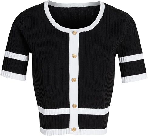 Women's Crew Neck Short Sleeve Collar Contrast Trim Button Front Slim Fit Knit Crop Top in Saudi Arabia