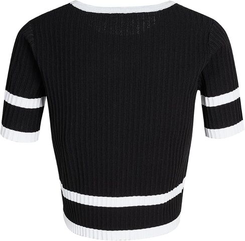Women's Crew Neck Short Sleeve Collar Contrast Trim Button Front Slim Fit Knit Crop Top in Saudi Arabia