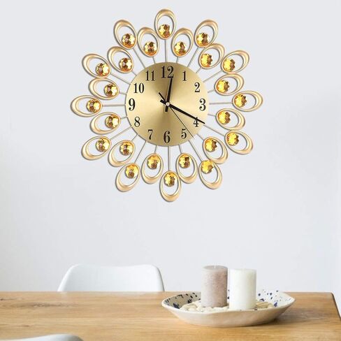 Sparkling Wall Clock, European Style Flower Clock Iron Art Battery Operated Hanging Wall Clock for Dining Room Living Room Office Home Bar Cafe 37cm Dia (Gold) in Saudi Arabia