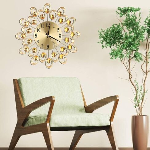 Sparkling Wall Clock, European Style Flower Clock Iron Art Battery Operated Hanging Wall Clock for Dining Room Living Room Office Home Bar Cafe 37cm Dia (Gold) in Saudi Arabia
