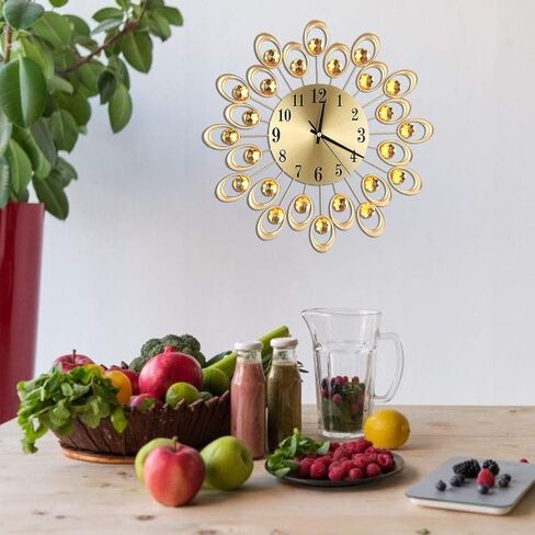 Sparkling Wall Clock, European Style Flower Clock Iron Art Battery Operated Hanging Wall Clock for Dining Room Living Room Office Home Bar Cafe 37cm Dia (Gold) in Saudi Arabia