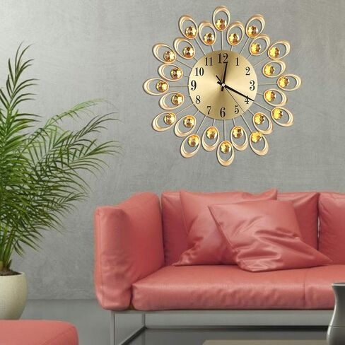 Sparkling Wall Clock, European Style Flower Clock Iron Art Battery Operated Hanging Wall Clock for Dining Room Living Room Office Home Bar Cafe 37cm Dia (Gold) in Saudi Arabia