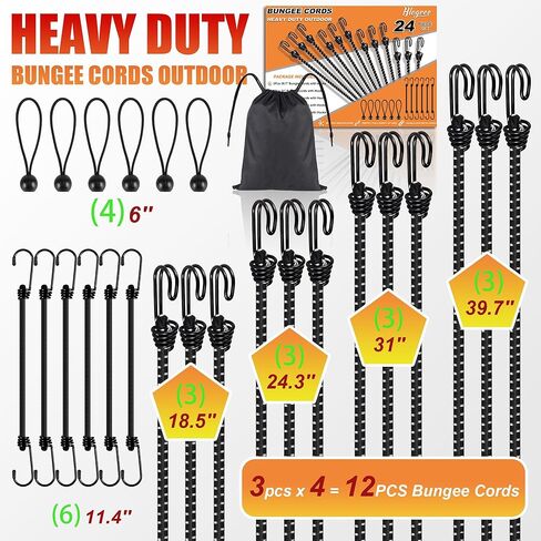 24 قطعة من حبال بنجي بأحجام متنوعة، تتضمن 18 بوصة، 24 بوصة، 31 بوصة، 40 بوصة حبال بنجي مع خطافات شديدة التحمل في الهواء الطلق، حزمة حزام حبل بنجي، حبال بنجي صغيرة و6 ربطات عنق كروية وحقيبة تنظيم متضمنة - أسود in Kuwait