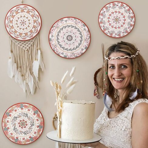 Tiamon 5 Pcs Boho Wall Basket Decor Mandala Wall Decor Boho Round Wood Decoration Floral Boho Hanging Basket Wall Decor Hippie Flat Set Boho Wall Decor for home living room Bedroom in Saudi Arabia