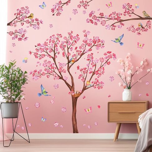 RW1646+1648 Pink Flowers Wall Decals Peach Blossom Tree Branches Wall Stickers DIY Removable Cherry Plum Floral Brown Trees Butterfly Bird Wall Decor for Kids Girls Bedroom Living Room Nursery in Saudi Arabia