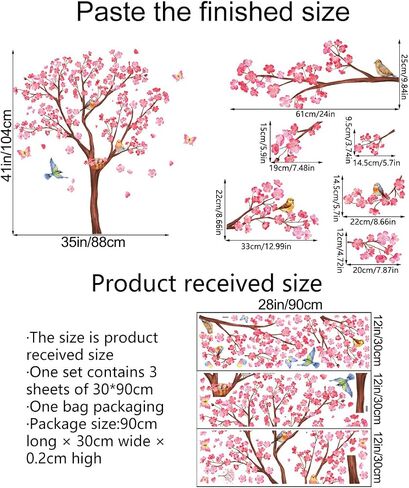 RW1646+1648 Pink Flowers Wall Decals Peach Blossom Tree Branches Wall Stickers DIY Removable Cherry Plum Floral Brown Trees Butterfly Bird Wall Decor for Kids Girls Bedroom Living Room Nursery in Saudi Arabia