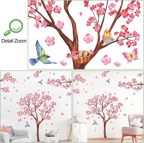 RW1646+1648 Pink Flowers Wall Decals Peach Blossom Tree Branches Wall Stickers DIY Removable Cherry Plum Floral Brown Trees Butterfly Bird Wall Decor for Kids Girls Bedroom Living Room Nursery in Saudi Arabia
