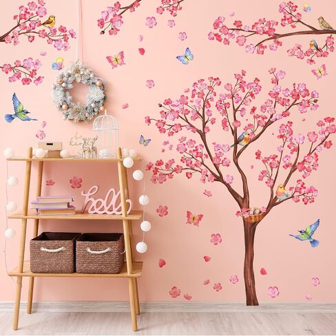 RW1646+1648 Pink Flowers Wall Decals Peach Blossom Tree Branches Wall Stickers DIY Removable Cherry Plum Floral Brown Trees Butterfly Bird Wall Decor for Kids Girls Bedroom Living Room Nursery in Saudi Arabia