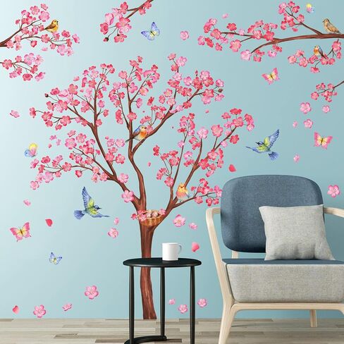 RW1646+1648 Pink Flowers Wall Decals Peach Blossom Tree Branches Wall Stickers DIY Removable Cherry Plum Floral Brown Trees Butterfly Bird Wall Decor for Kids Girls Bedroom Living Room Nursery in Saudi Arabia