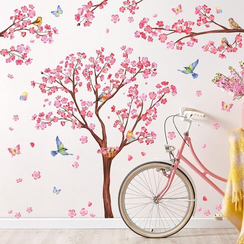 RW1646+1648 Pink Flowers Wall Decals Peach Blossom Tree Branches Wall Stickers DIY Removable Cherry Plum Floral Brown Trees Butterfly Bird Wall Decor for Kids Girls Bedroom Living Room Nursery in Saudi Arabia