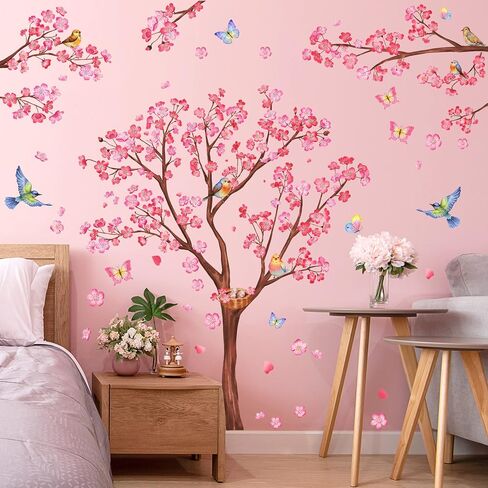 RW1646+1648 Pink Flowers Wall Decals Peach Blossom Tree Branches Wall Stickers DIY Removable Cherry Plum Floral Brown Trees Butterfly Bird Wall Decor for Kids Girls Bedroom Living Room Nursery in Saudi Arabia