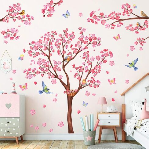 RW1646+1648 Pink Flowers Wall Decals Peach Blossom Tree Branches Wall Stickers DIY Removable Cherry Plum Floral Brown Trees Butterfly Bird Wall Decor for Kids Girls Bedroom Living Room Nursery in Saudi Arabia