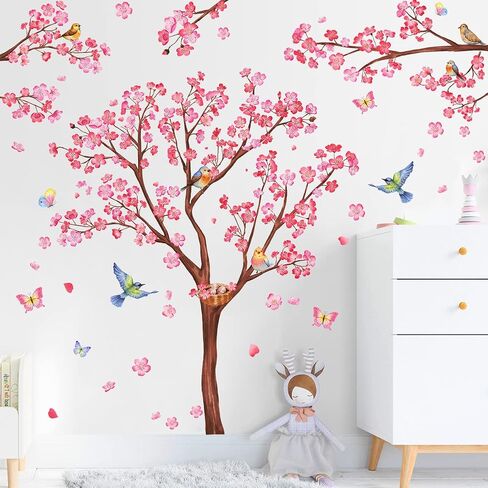 RW1646+1648 Pink Flowers Wall Decals Peach Blossom Tree Branches Wall Stickers DIY Removable Cherry Plum Floral Brown Trees Butterfly Bird Wall Decor for Kids Girls Bedroom Living Room Nursery in Saudi Arabia
