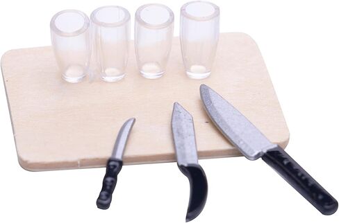 8Pcs 1:12 Dollhouse Accessories Miniatures Toys a Group of Kitchen Cutting Board & Knives with Cups for Scene Setting Dollhouse Kitchen Decoration Toys in Kuwait