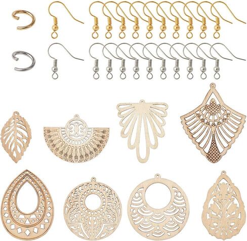Wooden Dangle Earring Making Kit with 48Pcs Burlywood Filigree Pendants 48Pcs Jump Rings & 48Pcs Earring Hooks for DIY Craft in Saudi Arabia
