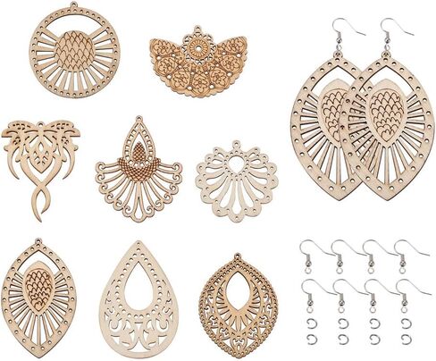 Wooden Dangle Earring Making Kit with 48Pcs Burlywood Filigree Pendants 48Pcs Jump Rings & 48Pcs Earring Hooks for DIY Craft in Saudi Arabia