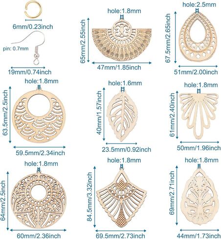 Wooden Dangle Earring Making Kit with 48Pcs Burlywood Filigree Pendants 48Pcs Jump Rings & 48Pcs Earring Hooks for DIY Craft in Saudi Arabia