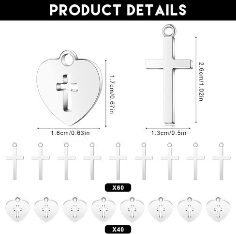 100 Pcs Silver Cross Charms 60 Small Cross Charms for Jewelry Making 40 Heart Shaped Religious Charms Mini Metal Christian Charms for DIY Crafts Necklace Bracelet Earring Keychain Supplies in Saudi Arabia