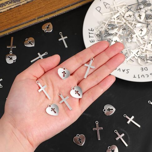 100 Pcs Silver Cross Charms 60 Small Cross Charms for Jewelry Making 40 Heart Shaped Religious Charms Mini Metal Christian Charms for DIY Crafts Necklace Bracelet Earring Keychain Supplies in Saudi Arabia