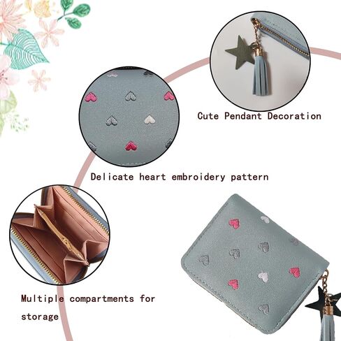 StillvollMao Coin Purse, PU Leather Change Purse Small Wallet for Women Credit Card ID Card Holder with Heart Embroidered patterns and Cute Pendant (Pink) in Saudi Arabia