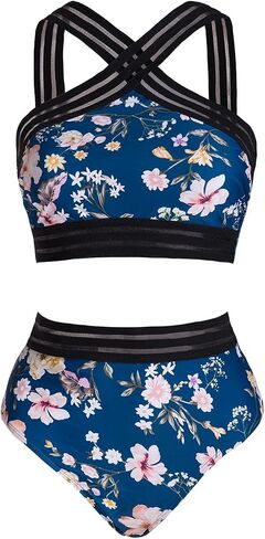 طقم بيكيني نسائي من CUPSHE مكون من قطعتين لباس سباحة شبكي عالي الخصر ورقبة عالية وأشرطة واسعة in Saudi Arabia