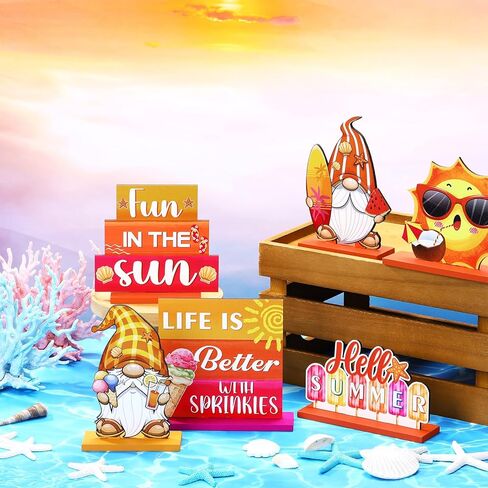 Blulu 6 Pcs Hello Summer Decor Summer Table Centerpieces Beach Decorations for Home Wooden Summer Sign Summer Wood Blocks Sign Home Decoration Tropical Hawaii Tiered Tray Decor for Kitchen Shelf in Saudi Arabia