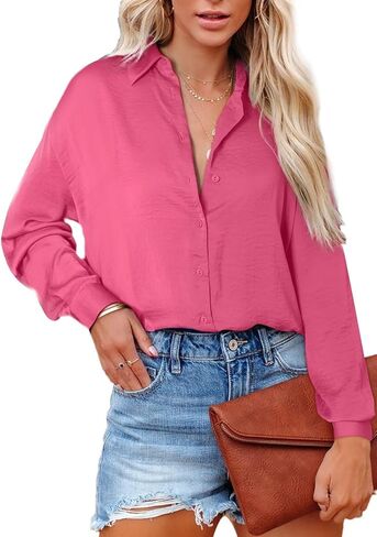 Astylish Women Button-Down Shirts V-Neck Elegant Blouse Long Sleeve Basic Top in Kuwait