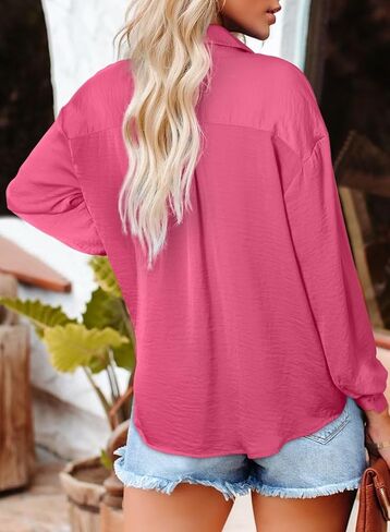 Astylish Women Button-Down Shirts V-Neck Elegant Blouse Long Sleeve Basic Top in Kuwait