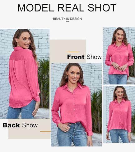 Astylish Women Button-Down Shirts V-Neck Elegant Blouse Long Sleeve Basic Top in Kuwait