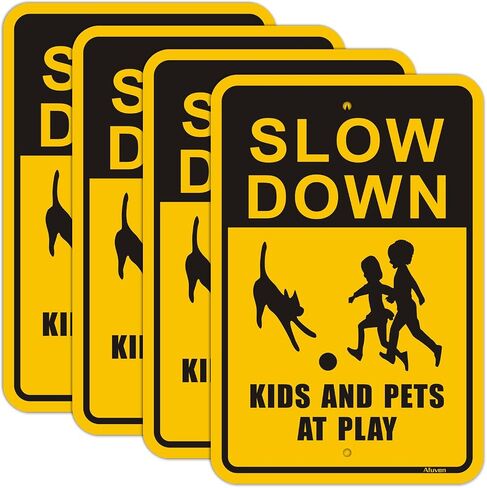 Slow Kids and Pets at Play Signs Children Playing Signs Metal Reflective 12" x 18" Slow Down Signs For Neighborhoods Rust Free Aluminum Easy Mounting Outdoor Use Waterproof Sturdy 4 Pack in Saudi Arabia