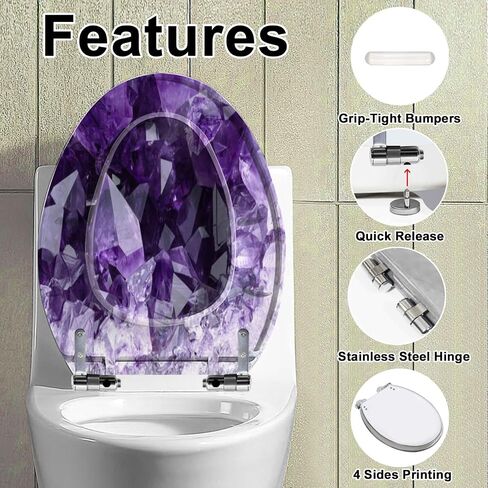 Elongated Toilet Seat Amethyst druse Resin Toilet Seat with Quietly Close Quick Release Hinges Decorative Toilet Seat with Cover Easy to Clean and Install in Saudi Arabia