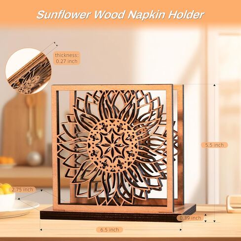 Wood Napkin Holder – Wooden Napkin Holder for Table – Sunflower Paper Napkin Holder – Freestanding Napkin Dispenser for Home, Kitchen, Restaurant, Cafe, Party – Modern Napkin Organizer in Saudi Arabia